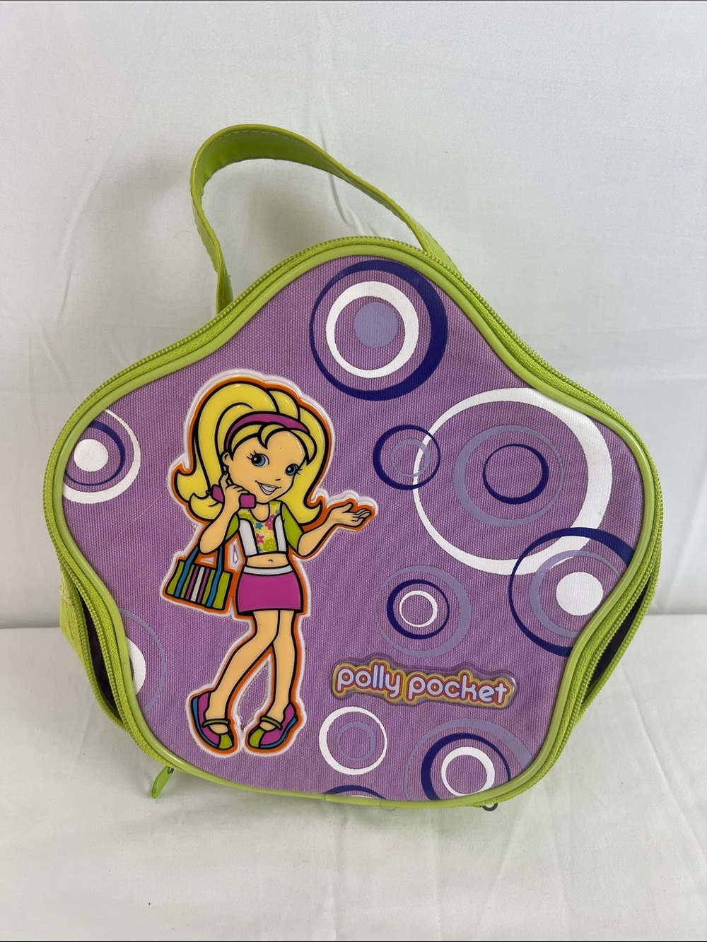 Polly Pocket Green Purple Striped Zip Cosmetic/Toy Bag w/Top Handle Logo Accents